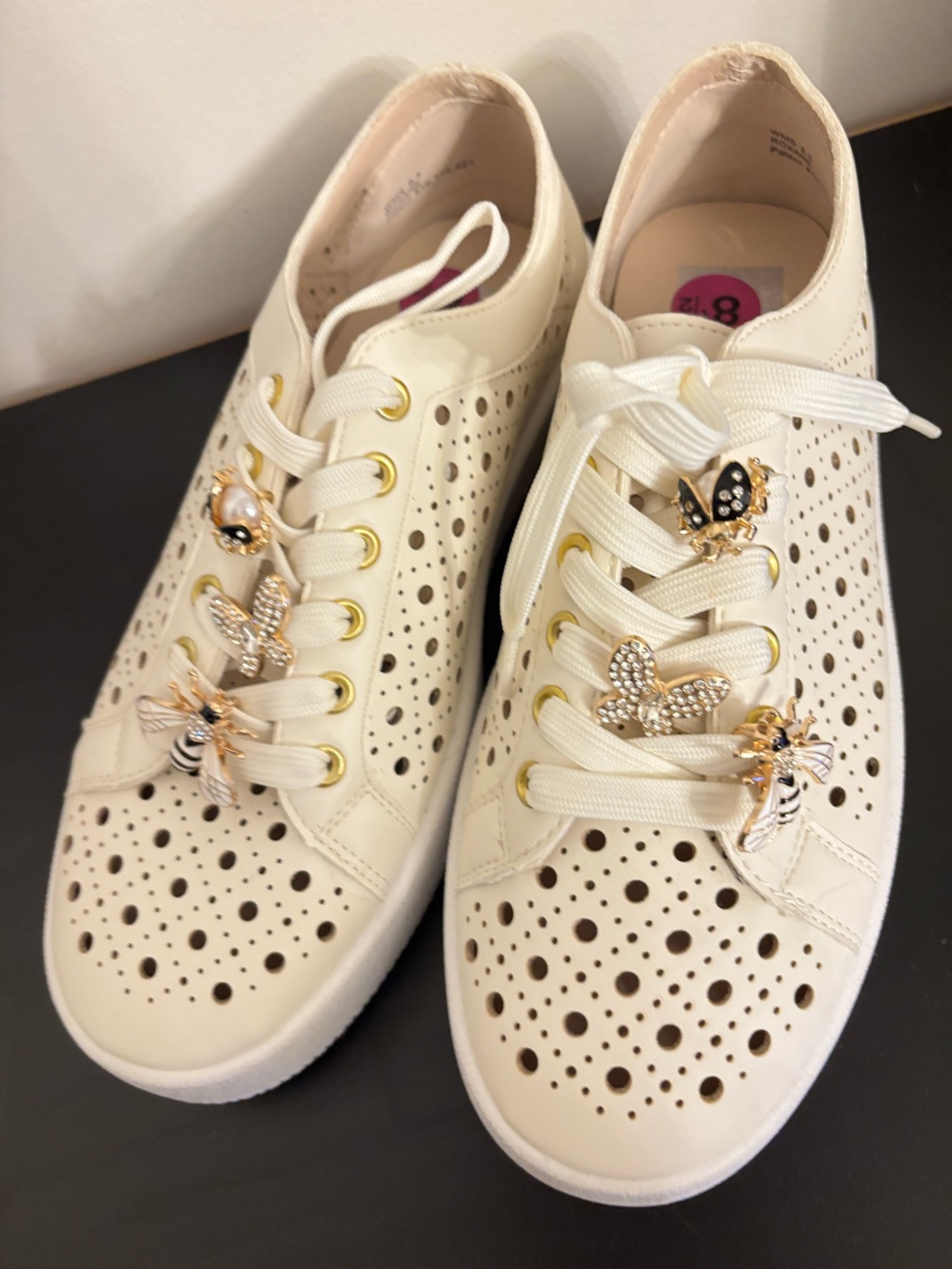 White Perforated Lace-Up Sneakers with Bee & Jewel Charms